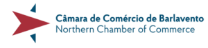 Logo for the Northern Chamber of Commerce (Câmara de Comércio de Barlavento) with a red arrow-like shape and blue text.",