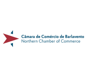 Logo for Câmara de Comércio de Barlavento / Northern Chamber of Commerce; red arrow motif with blue triangles.