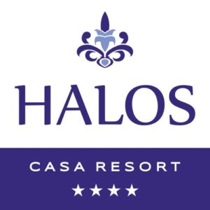 Logo for Halos Casa Resort with a decorative crest above the word HALOS and a purple banner that reads 'Casa Resort' with four stars beneath.