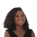 Portrait of a smiling woman with dark, curly hair wearing a black sleeveless top and a silver necklace.