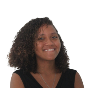 Portrait of a smiling woman with dark, curly hair wearing a black sleeveless top and a silver necklace.
