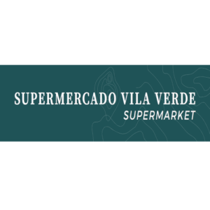Logo banner for Supermercado Vila Verde with the text 'SUPERMERCADO VILA VERDE' and 'SUPERMARKET' on a teal background with subtle contour lines.